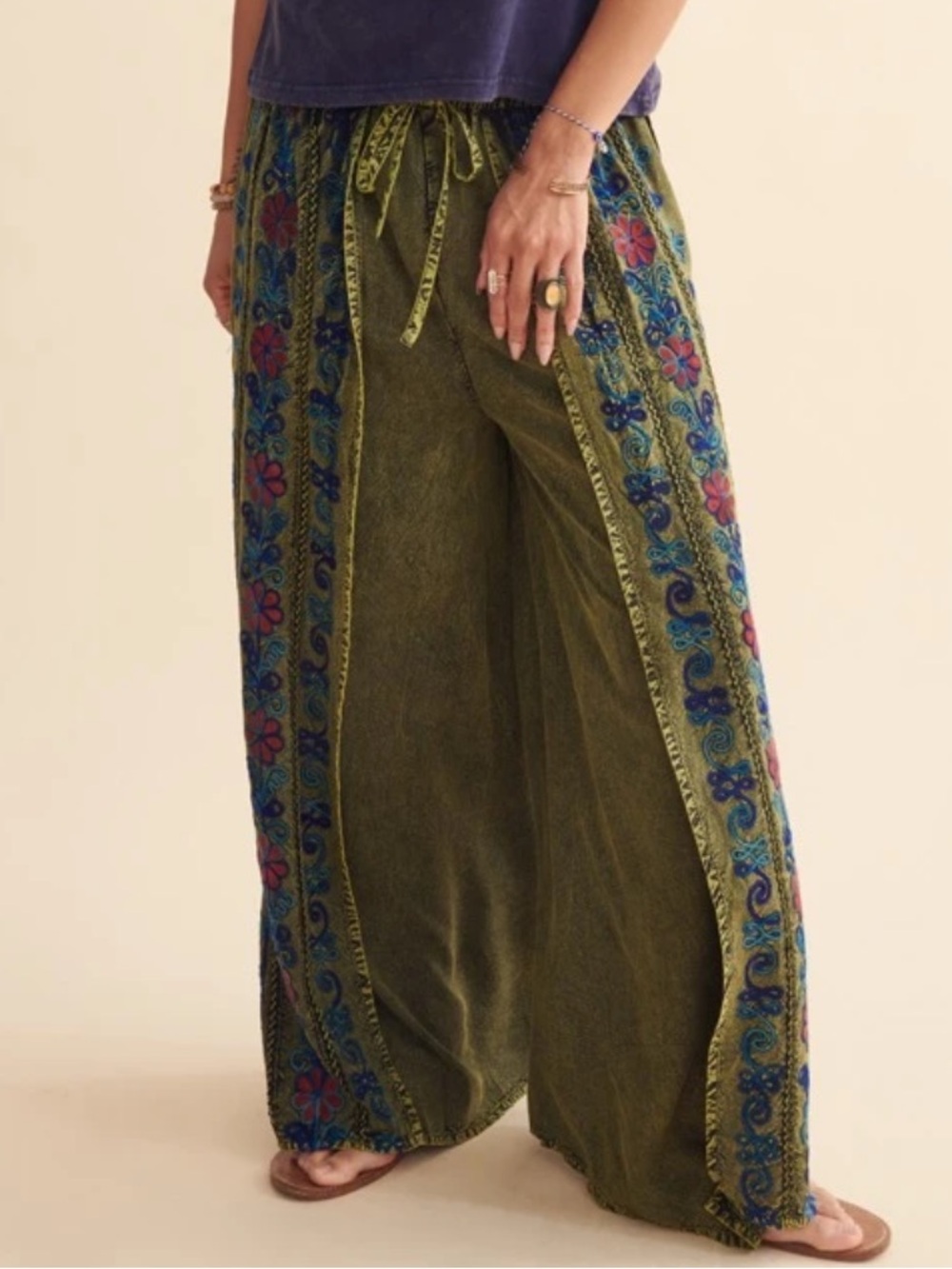 EARTHBOUND Trading Co. Womens Boho Green Floral Embroiderd Faux Wrap Pant Size L